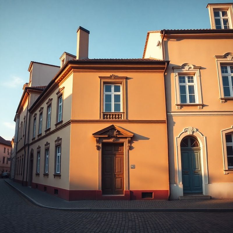 Fasáda klasického českobudějovického domu na klidné dlážděné ulici